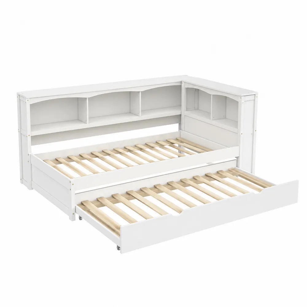 Wei?es Tagesbett mit Ausziehbett und Regal, MDF und