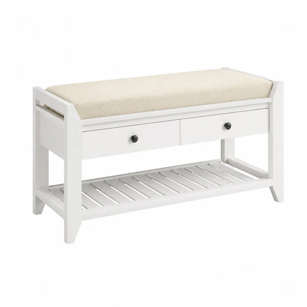 Wei?e Bank mit Holzstruktur und Polyester-Sitzpolster, 100x35x50