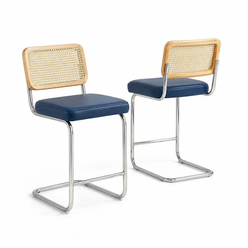 Barhocker Set mit Rattangeflecht R¨¹ckenlehne, PU-Sitz,