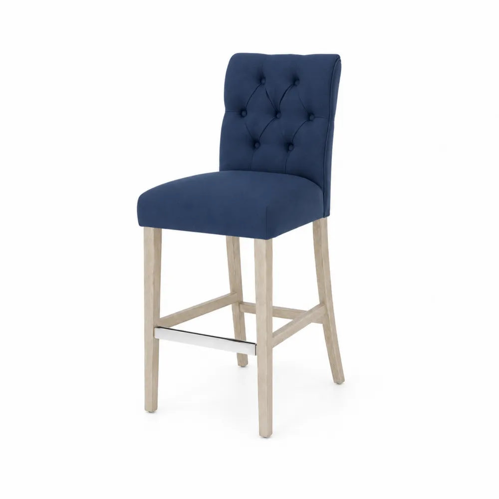 Barhocker aus Holz mit blauem Polster und R¨¹ckenlehne, Sitzh?he 75